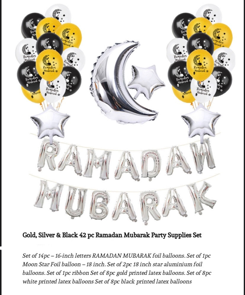 Gold, Silver & Black 42 pc Ramadan Mubarak Party Supplies Set